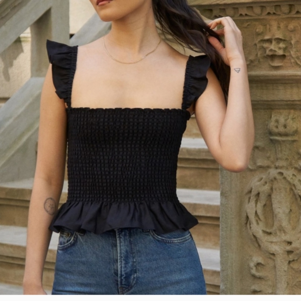 Reformation Black Smocked Ruffle Tank Top